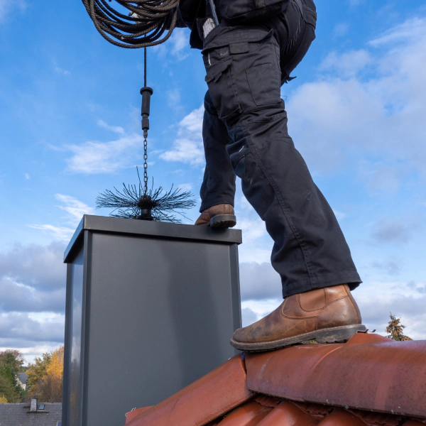 man on top of roof chimney cleaning service albany wy
